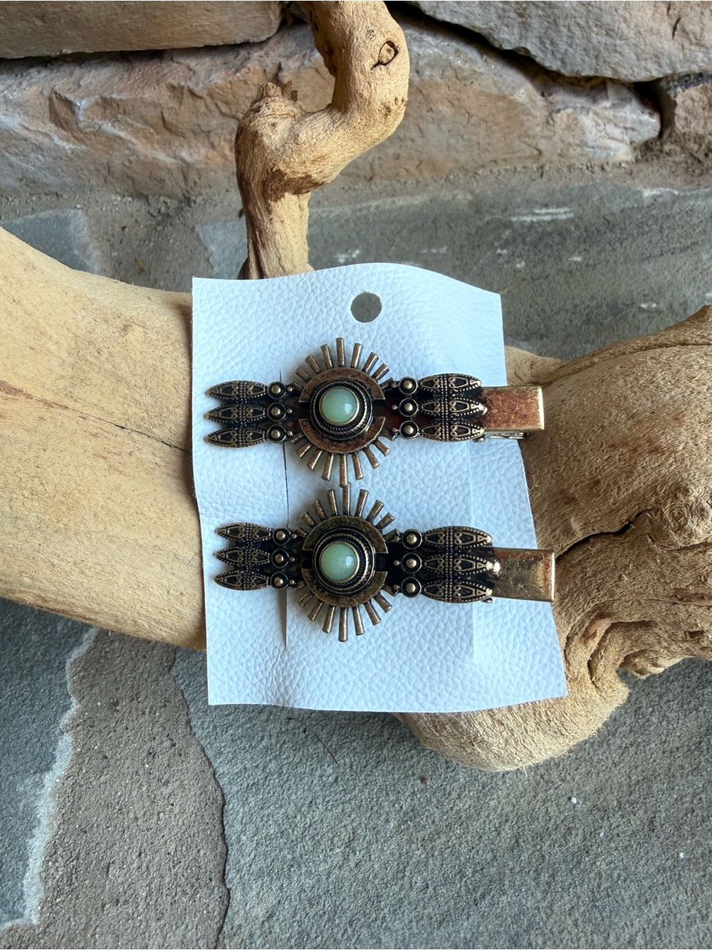 New🌟Free People-South Western Metal Hair Clips with Jade Cabochon - Pair